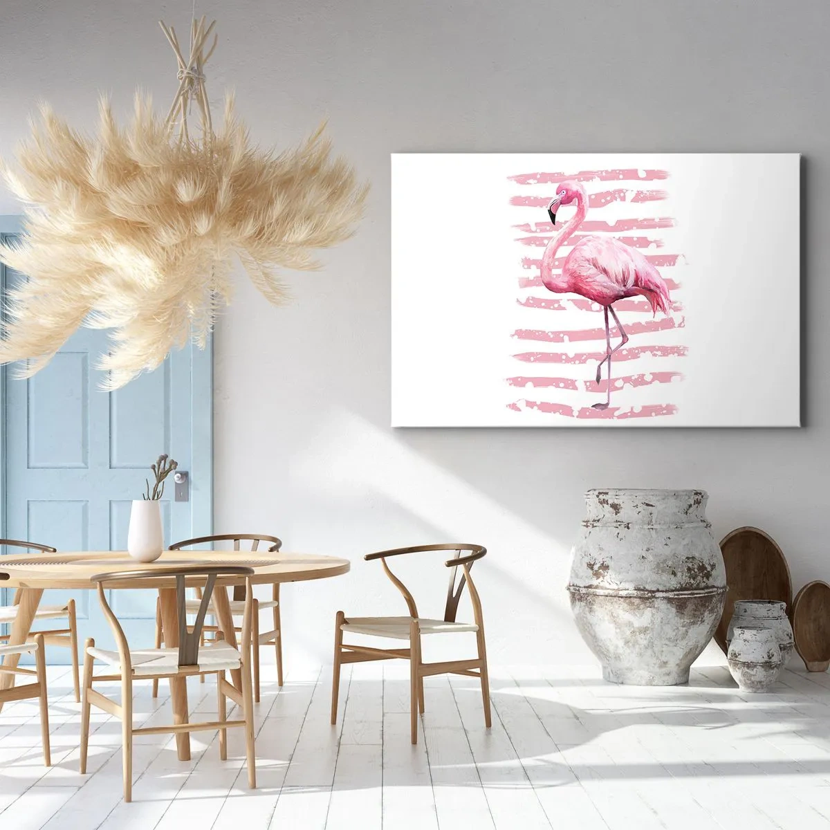 Canvastavla - Bild på duk - Flamingo på rosa bakgrund i minimalistisk stil - 70x50cm - Med värdighet trots i rosa färg - Modern väggdekoration för vardagsrum och sovrum ARTTOR