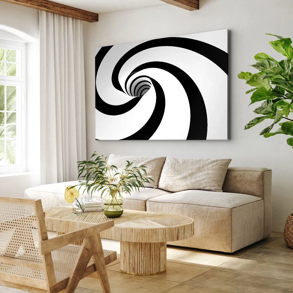 Canvastavla - Bild på duk - Abstrakt svartvit spiral med virveleffekt - 70x50cm - Underkasta sig virveln? - Modern väggdekoration för vardagsrum och sovrum ARTTOR