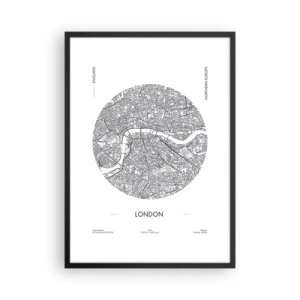 Affisch i svart ram - En minimalistisk svartvit karta över London - 50x70cm - Londons anatomi - Modern väggdekoration för vardagsrum och sovrum ARTTOR