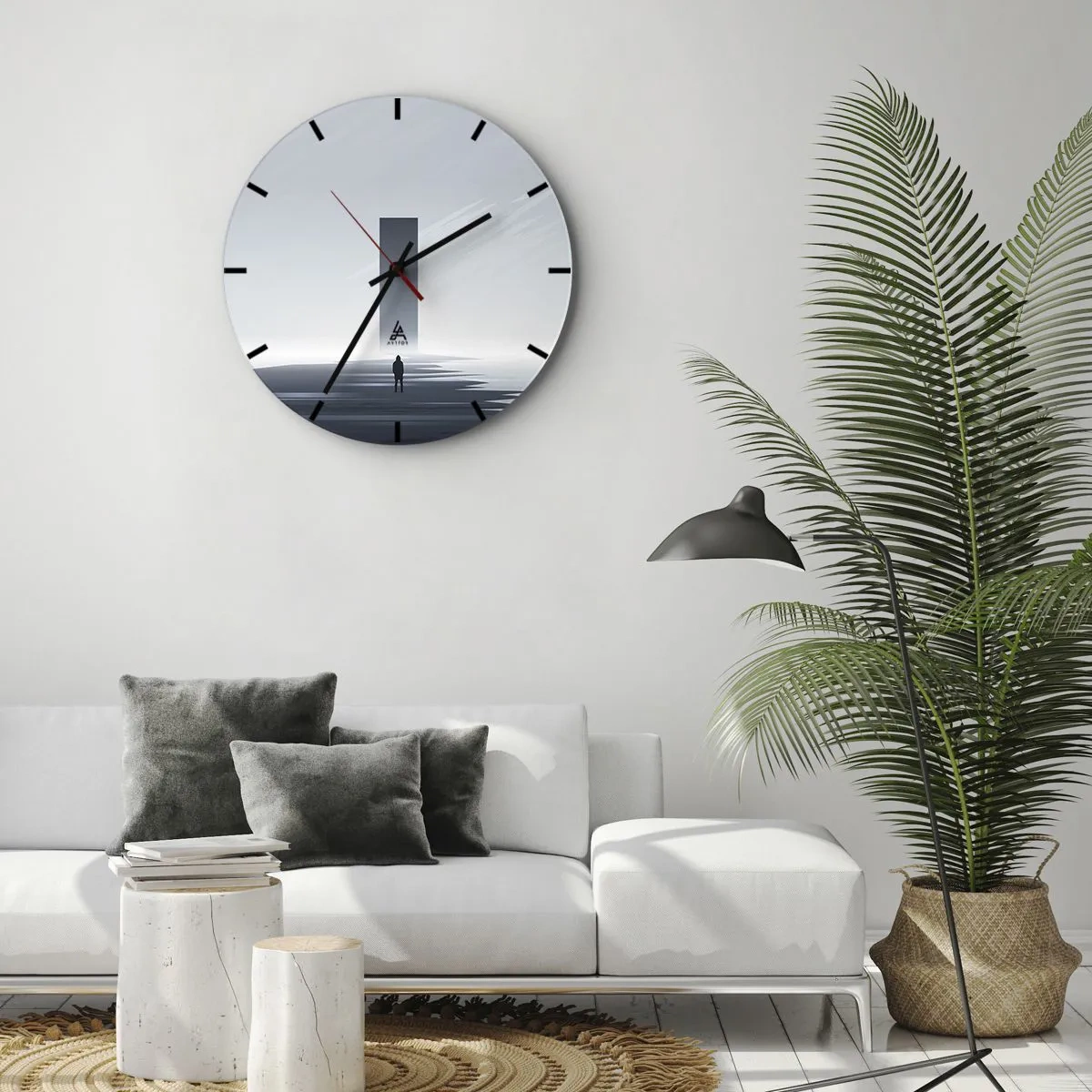 Väggklocka - Klocka på glas - Ett minimalistiskt landskap med en figur och geometrisk form - 30x30cm - Möjlighet eller hot? - Modern väggdekoration för vardagsrum, kök och sovrum ARTTOR