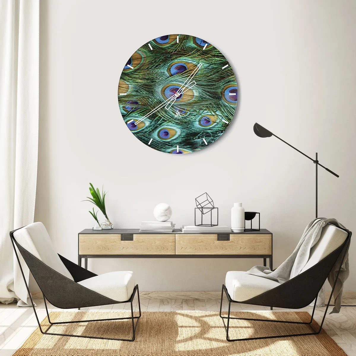Väggklocka - Klocka på glas - Påfågels blick - 30x30 cm