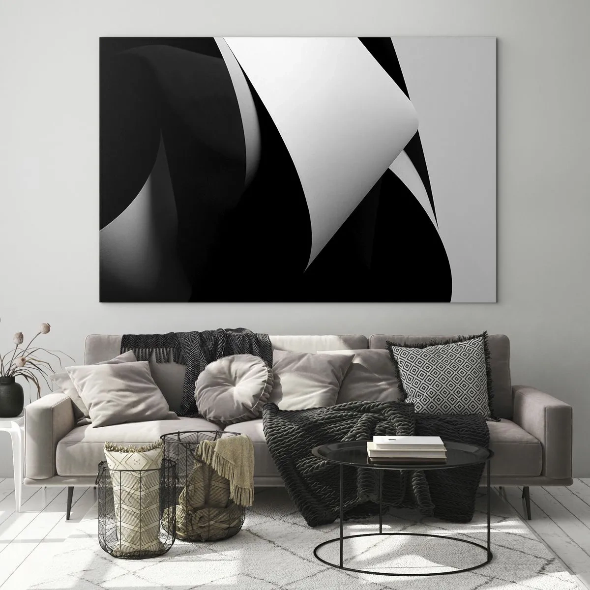 Glastavla - Bild på glas - En minimalistisk komposition med svarta och vita plan - 70x50cm - Ljusplan från skuggornas djup - Modern väggdekoration för vardagsrum och sovrum ARTTOR
