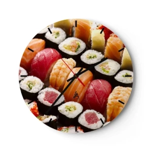Väggklocka - Klocka på glas - Närbild av färgglad sushi i olika typer - 30x30cm - Asiens färger och smaker - Modern väggdekoration för vardagsrum, kök och sovrum ARTTOR