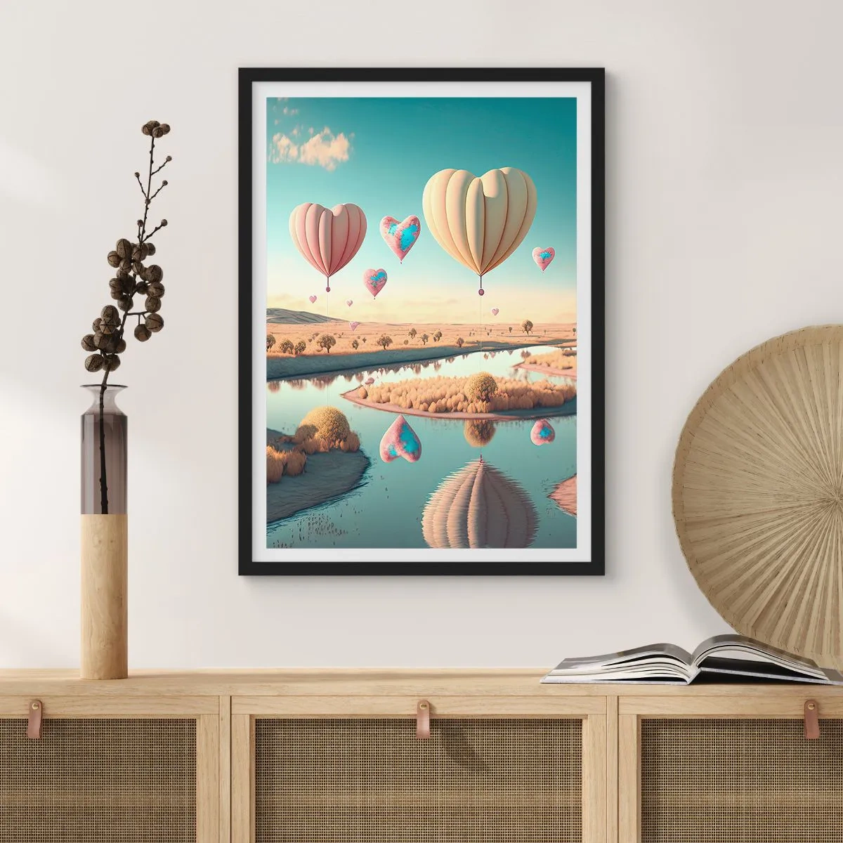 Affisch i svart ram - Hjärtformade ballonger som svävar över landskapet - 50x70cm - Kärleken låter dig sväva - Modern väggdekoration för vardagsrum och sovrum ARTTOR
