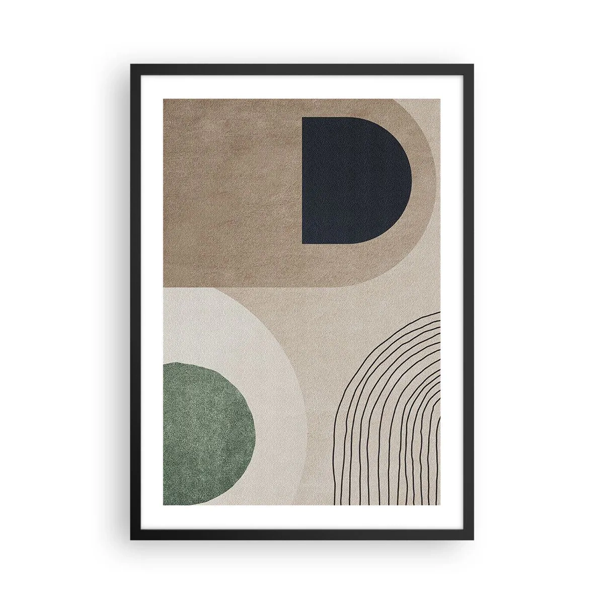 Affisch i svart ram - Geometrisk abstraktion i beige, gröna och svarta toner - 50x70cm - Ovalens mjukhet - Modern väggdekoration för vardagsrum och sovrum ARTTOR