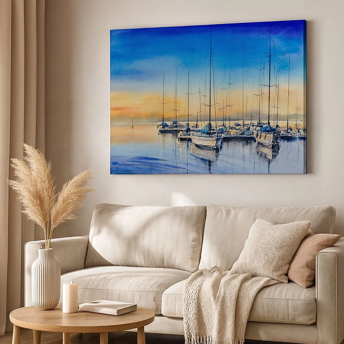 Canvastavla - Bild på duk - Yachthamn vid solnedgången med reflektioner på vattnet - 70x50cm - Slutet på en bra dag - Modern väggdekoration för vardagsrum och sovrum ARTTOR