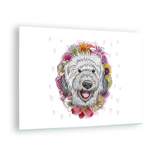 Glastavla - Bild på glas - Illustration av en hund omgiven av blommor - 70x50cm - Valpglädje - Modern väggdekoration för vardagsrum och sovrum ARTTOR