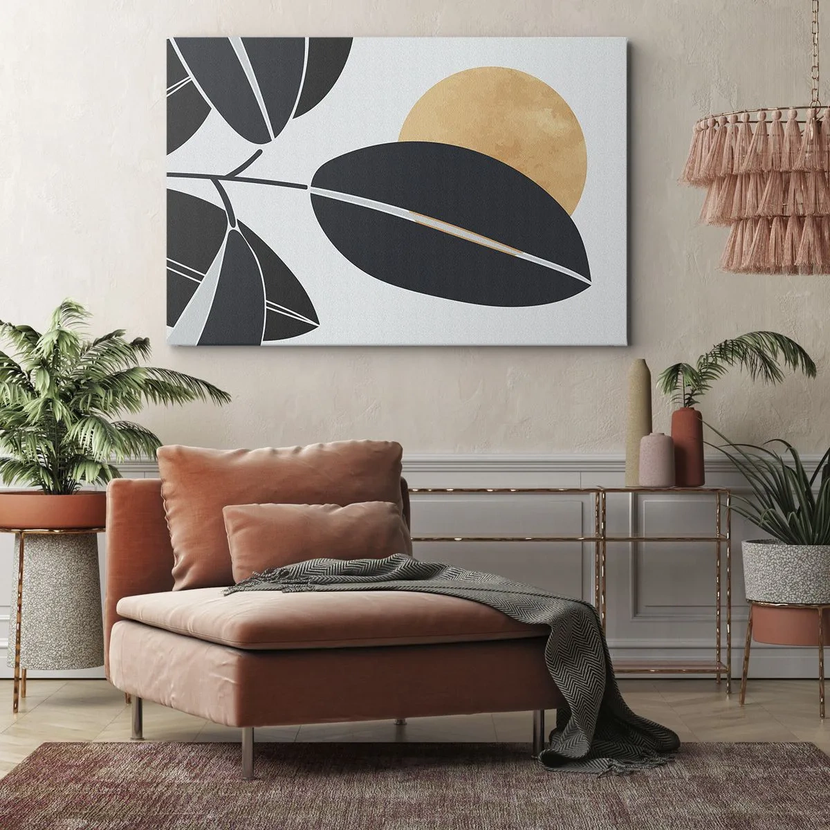 Canvastavla - Bild på duk - Ett minimalistiskt lövmotiv med en ljus sol i bakgrunden. - 70x50cm - Het sommardag - Modern väggdekoration för vardagsrum och sovrum ARTTOR