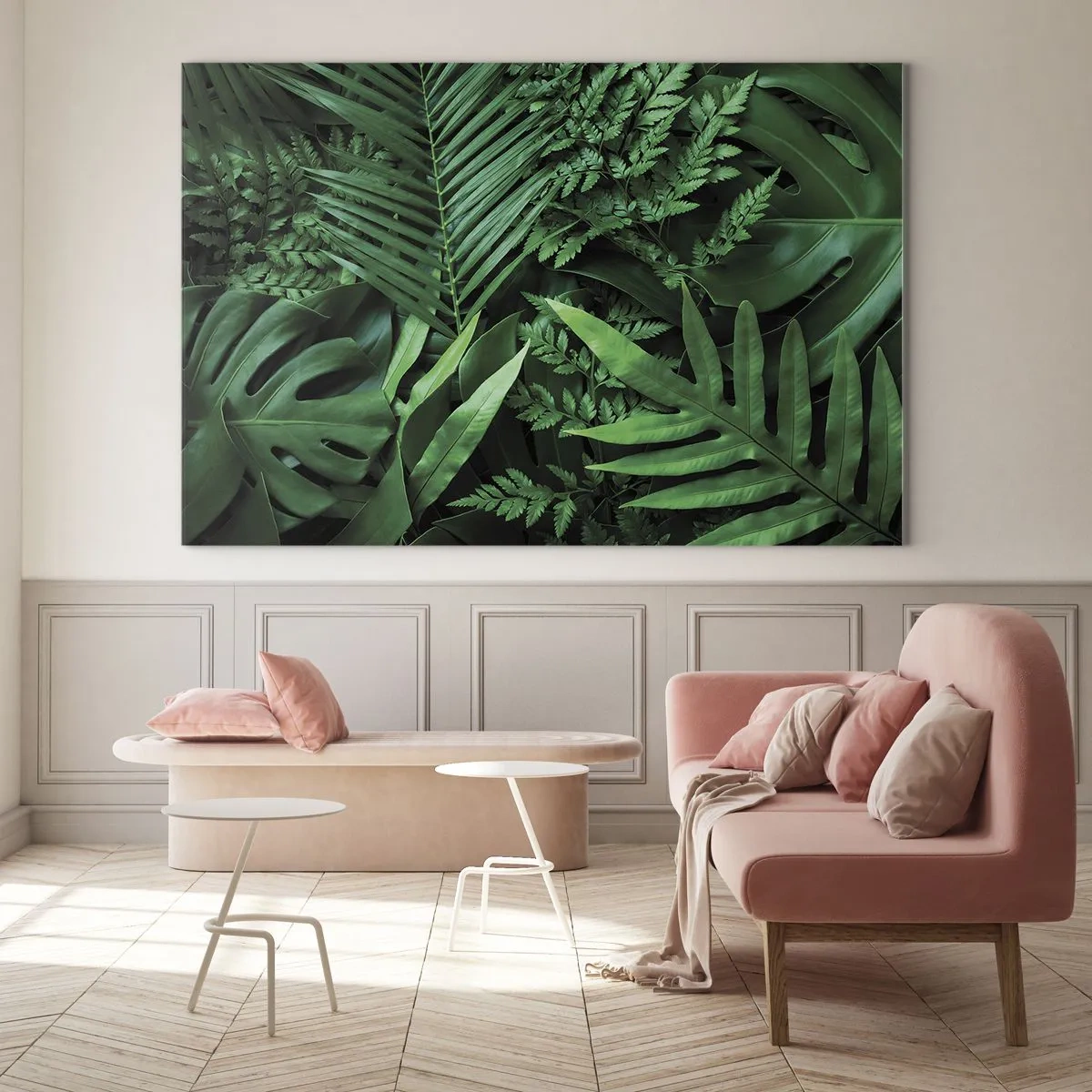 Glastavla - Bild på glas - Täta gröna blad av tropiska växter i kompositionen - 70x50cm - Omgärdade av grönskan - Modern väggdekoration för vardagsrum och sovrum ARTTOR