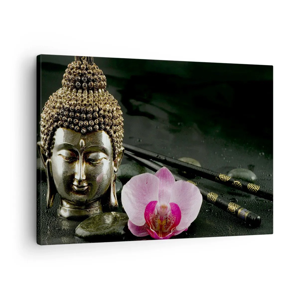 Canvastavla - Bild på duk - En Buddhastaty med en orkidé och ätpinnar mot en bakgrund av stenar - 70x50cm - Visshetens och skönhetens harmoni - Modern väggdekoration för vardagsrum och sovrum ARTTOR