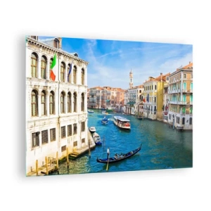 Glastavla - Bild på glas - En kanal i Venedig med gondoler och båtar på vattnet - 70x50cm - Den mest otypiska gatutrafiken i världen - Modern väggdekoration för vardagsrum och sovrum ARTTOR