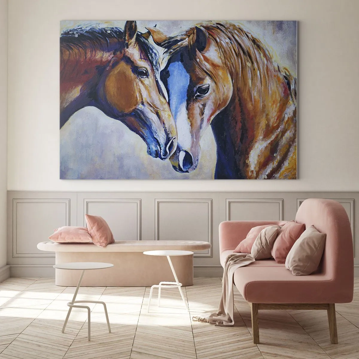 Glastavla - Bild på glas - Två hästar i en öm gest av närhet - 70x50cm - Är det vänskap? eller är det kärlek? - Modern väggdekoration för vardagsrum och sovrum ARTTOR
