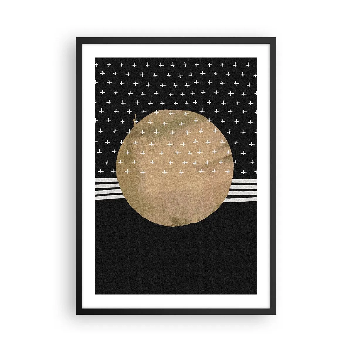 Affisch i svart ram - Abstrakt gyllene boll på en svart bakgrund med mönster - 50x70cm - Komposition: galaxens flagga - Modern väggdekoration för vardagsrum och sovrum ARTTOR