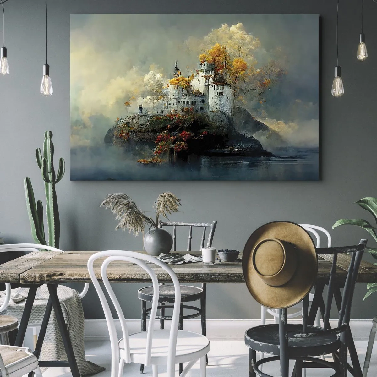Canvastavla - Bild på duk - Ett slott på en kulle omgivet av höstträd - 70x50cm - Början på en romantisk historia - Modern väggdekoration för vardagsrum och sovrum ARTTOR