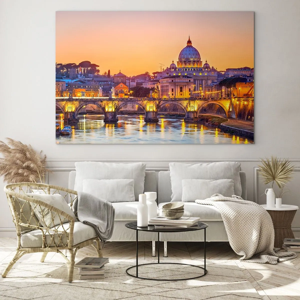 Glastavla - Bild på glas - Bro och basilika i Rom vid solnedgången - 70x50cm - Solnedgången över Den eviga staden - Modern väggdekoration för vardagsrum och sovrum ARTTOR