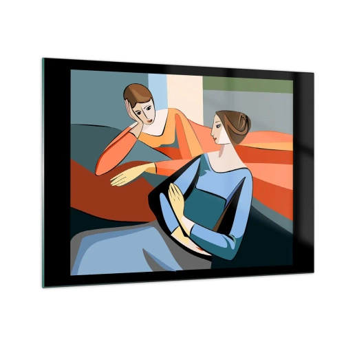 Glastavla - Bild på glas - En geometrisk scen av ett samtal mellan två kvinnor mot bakgrund av en interiör. - 70x50cm - Ett ögonblick av förtrolighet - Modern väggdekoration för vardagsrum och sovrum ARTTOR