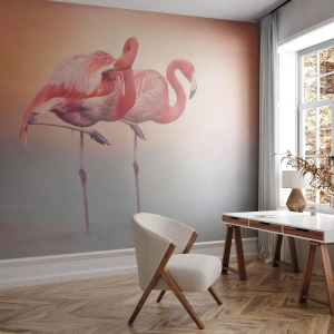 Självhäftande Fototapet Deluxe Sticker - I solnedgångens färg - Flamingos, Fåglar, Natur - 150x105 cm