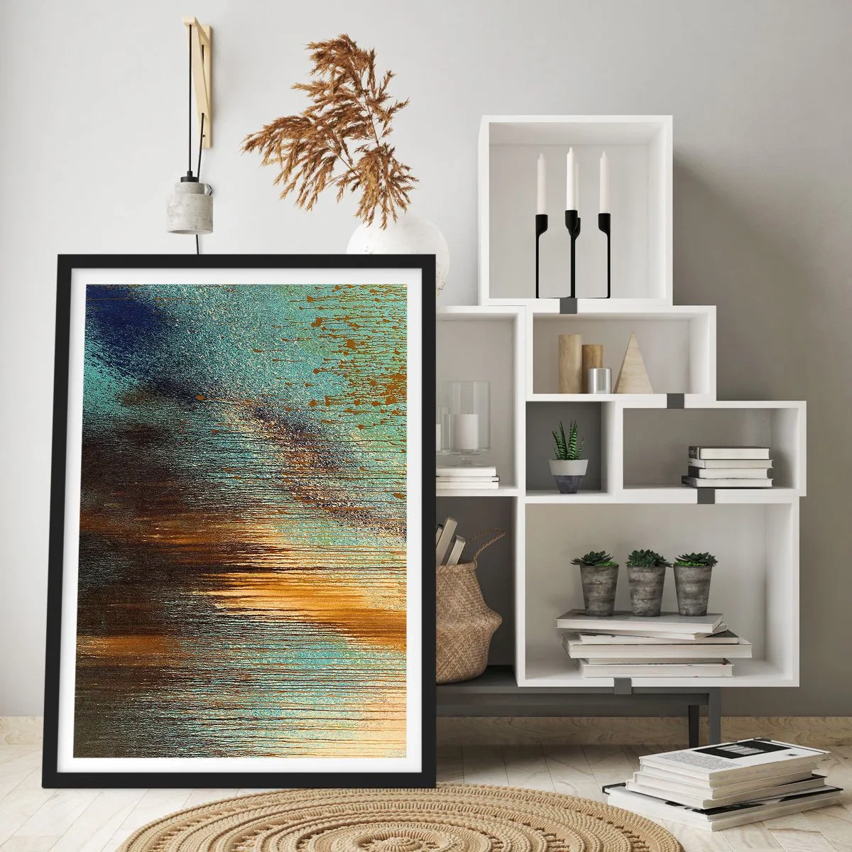 Affisch i svart ram - En abstrakt komposition av guld- och blå penseldrag. - 50x70cm - En oavsiktlig färgglad komposition - Modern väggdekoration för vardagsrum och sovrum ARTTOR