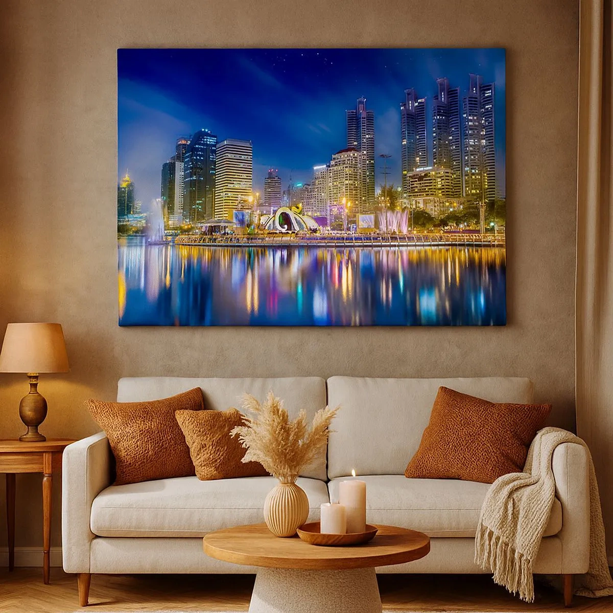 Canvastavla - Bild på duk - Nattpanorama över staden med ljus som reflekteras på vattnet - 70x50cm - Metropolens regnbågsnatt - Modern väggdekoration för vardagsrum och sovrum ARTTOR
