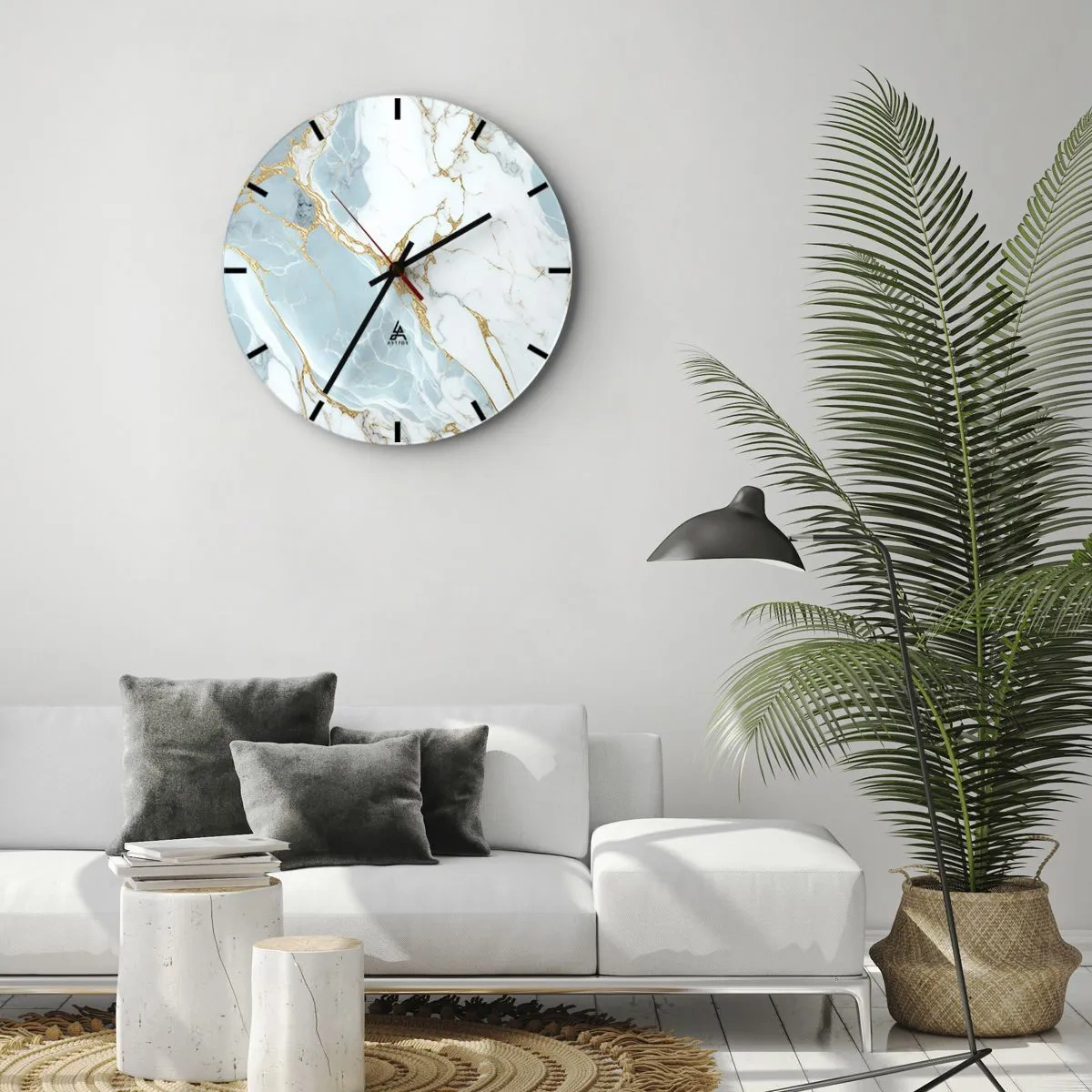 Väggklocka - Klocka på glas - Blå och vit marmor med guldådror överallt - 30x30cm - Stenrikedom - Modern väggdekoration för vardagsrum, kök och sovrum ARTTOR