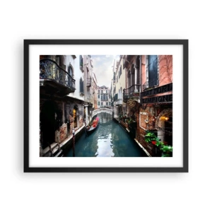 Affisch i svart ram - Venedig-landskap med gondol och bro - 50x40 cm