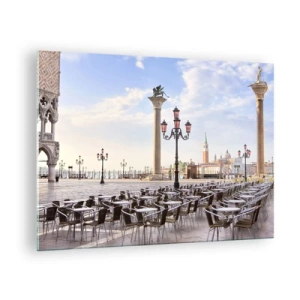Glastavla - Bild på glas - Ett torg med kolonner och rader av stolar i Venedig - 70x50cm - Välkommen, allt är färdigt - Modern väggdekoration för vardagsrum och sovrum ARTTOR