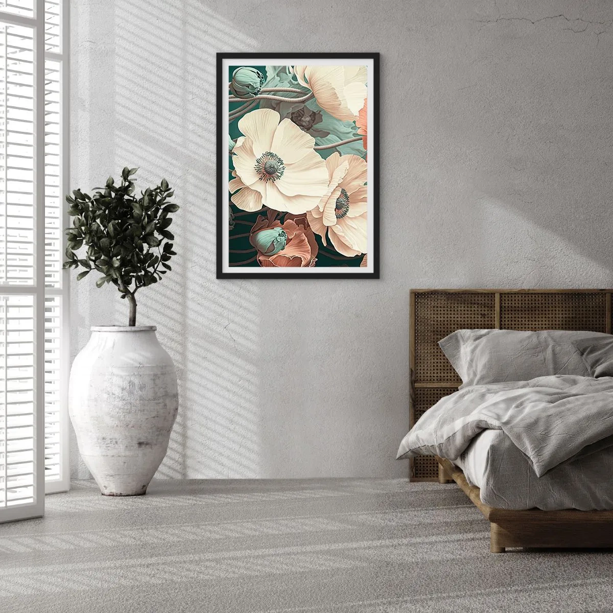 Affisch i svart ram - Fina blommor i pastellfärger mot en mörk bakgrund - 50x70cm - Viskningar av vallmo - Modern väggdekoration för vardagsrum och sovrum ARTTOR