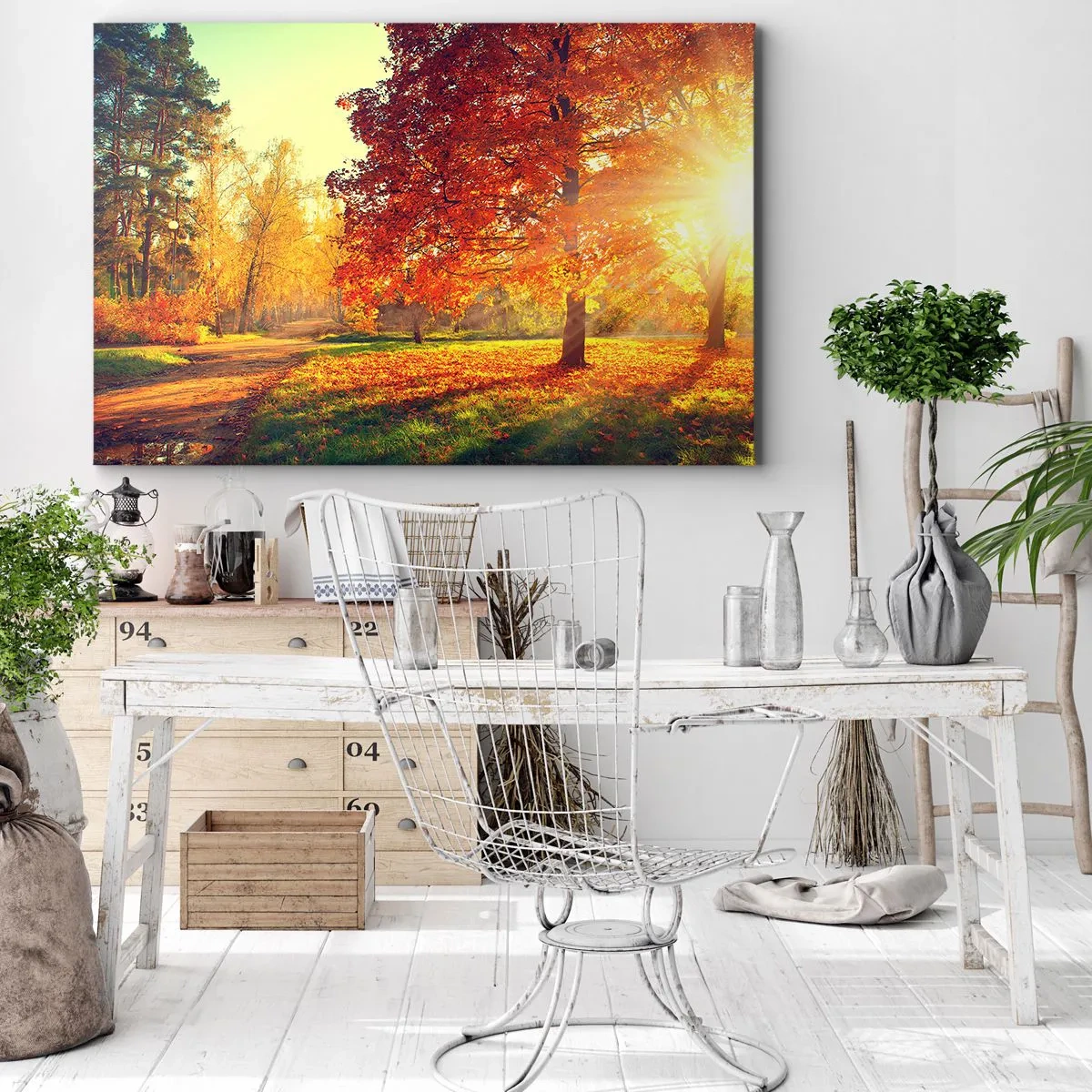 Canvastavla - Bild på duk - Höstpark upplyst av solljus - 70x50cm - Rött är vackert - Modern väggdekoration för vardagsrum och sovrum ARTTOR