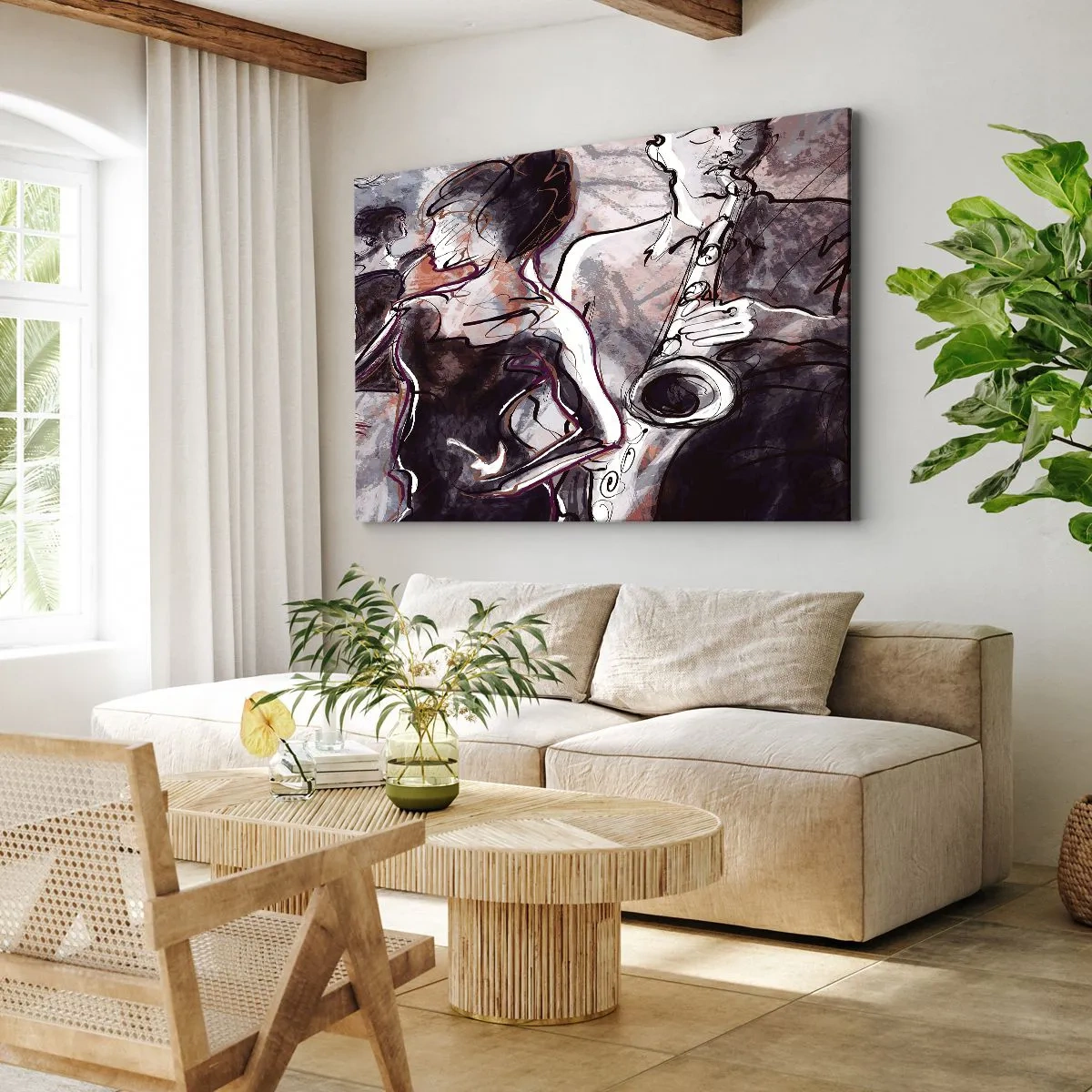 Canvastavla - Bild på duk - Abstrakt jazzscen med en saxofonist och en dansande kvinna. - 70x50cm - Driva iväg i musiken - Modern väggdekoration för vardagsrum och sovrum ARTTOR