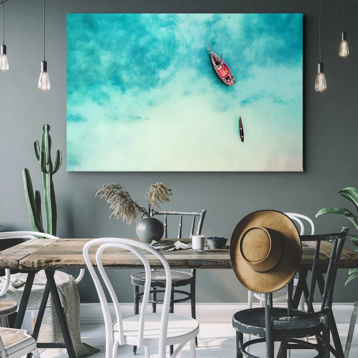 Canvastavla - Bild på duk - Båtar på turkost vatten sedda från ett fågelperspektiv - 70x50cm - Högvatten på stranden i Zanzibar… - Modern väggdekoration för vardagsrum och sovrum ARTTOR