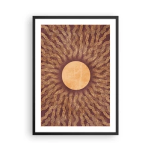 Affisch i svart ram - Stiliserad sol med strålar i nyanser av guld och brunt - 50x70cm - Solikon - Modern väggdekoration för vardagsrum och sovrum ARTTOR