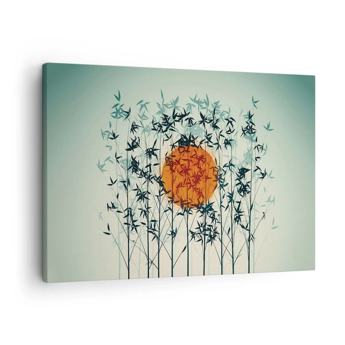 Canvastavla - Bild på duk - Orange sol bland bambugrenarna - 70x50cm - Japansk sol - Modern väggdekoration för vardagsrum och sovrum ARTTOR