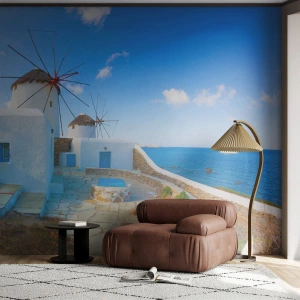 Fototapet Premium Sand - Blåa vinden från havet - Arkitektur, Landskap, Grekland - 300x210 cm