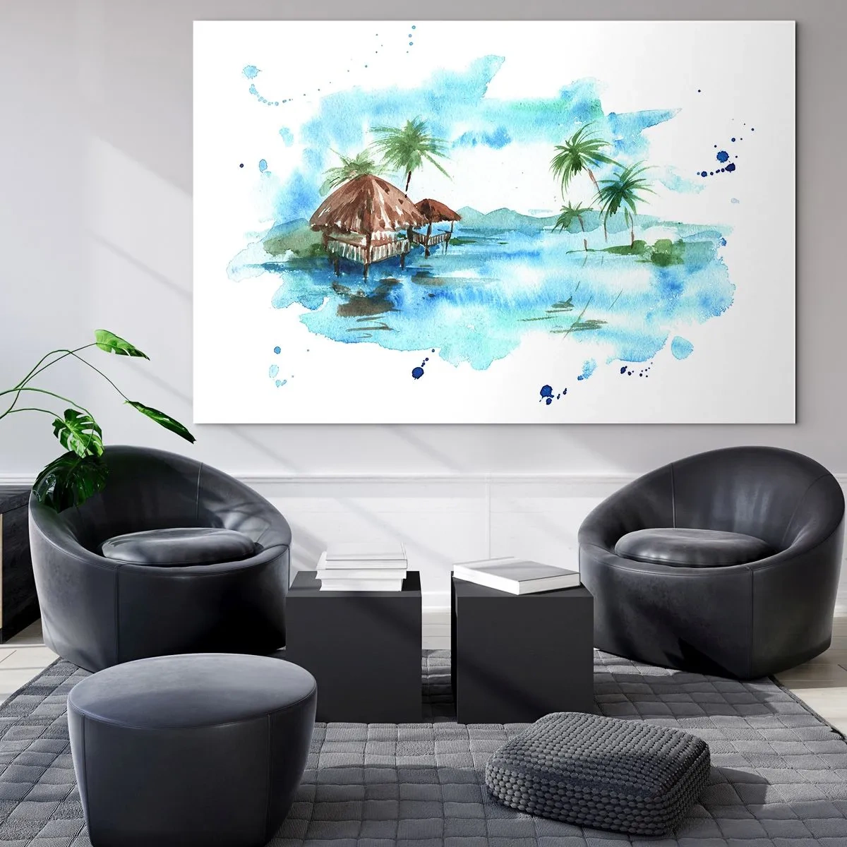 Glastavla - Bild på glas - Tropiskt landskap med palmer och en stuga i akvarellstil - 70x50cm - Någonstans i Stilla havet - Modern väggdekoration för vardagsrum och sovrum ARTTOR