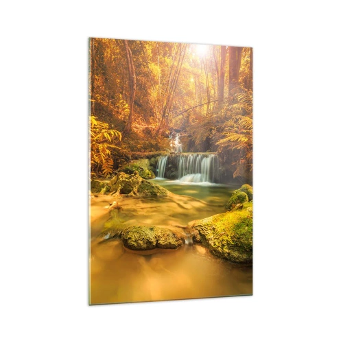 Glastavla - Bild på glas - Skogkaskad i gult - 70x100 cm