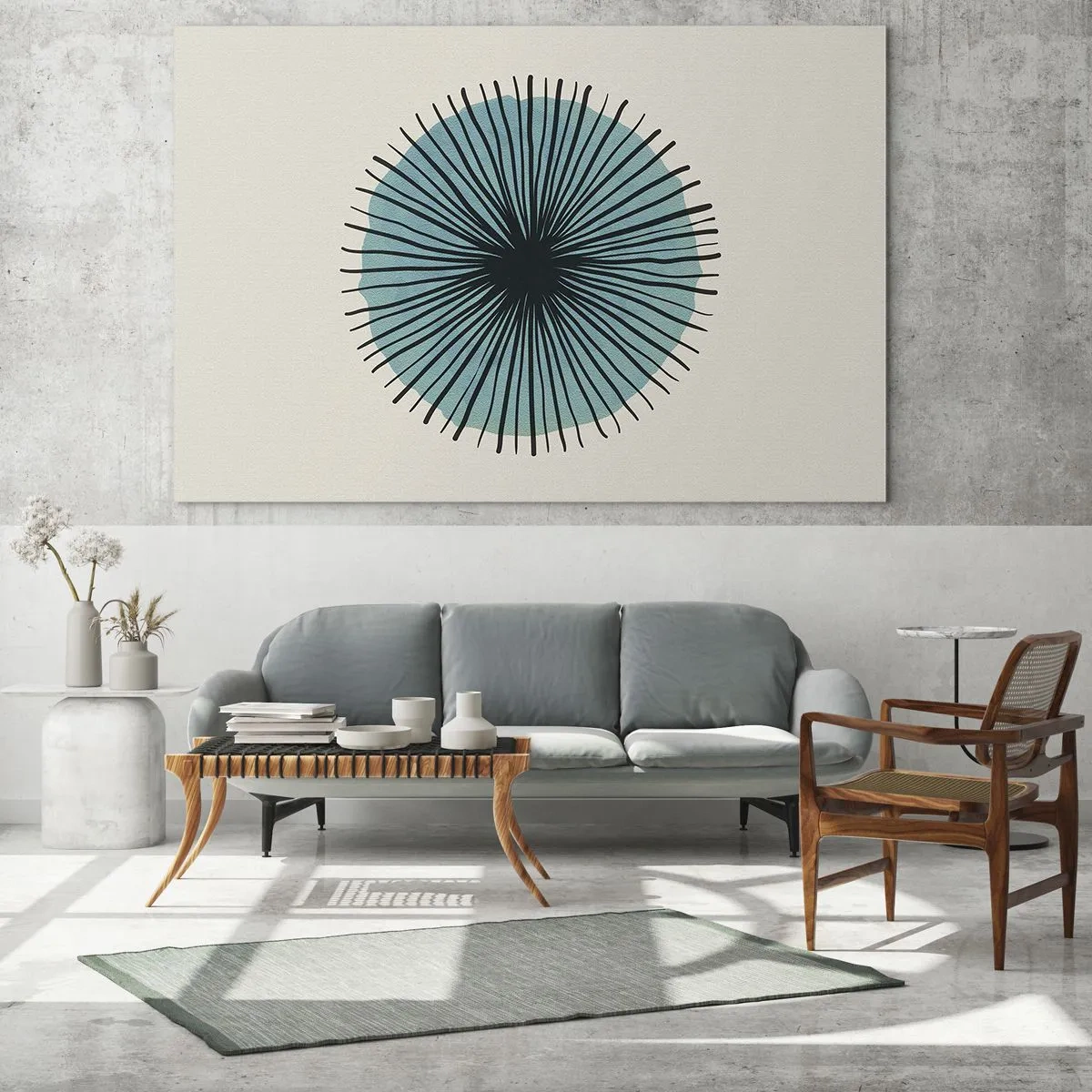 Glastavla - Bild på glas - Geometriskt mönster i nyanser av turkos och svart - 70x50cm - Radier mot blått - Modern väggdekoration för vardagsrum och sovrum ARTTOR