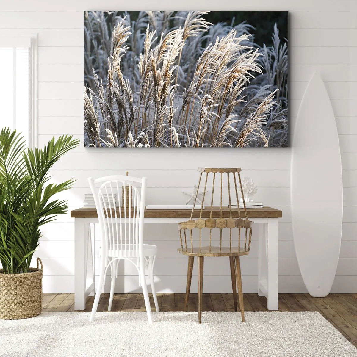Canvastavla - Bild på duk - Vintergrässtrån täckta med frost mot en mörkgrön bakgrund - 70x50cm - Frostprydda - Modern väggdekoration för vardagsrum och sovrum ARTTOR