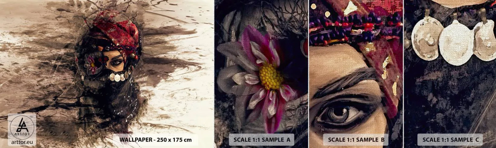 Provbit av fototapet Premium Canvas - Minst intrigerande - Abstraktion, Kvinnans ansikte, Orientaliska symboler - 100x30 cm