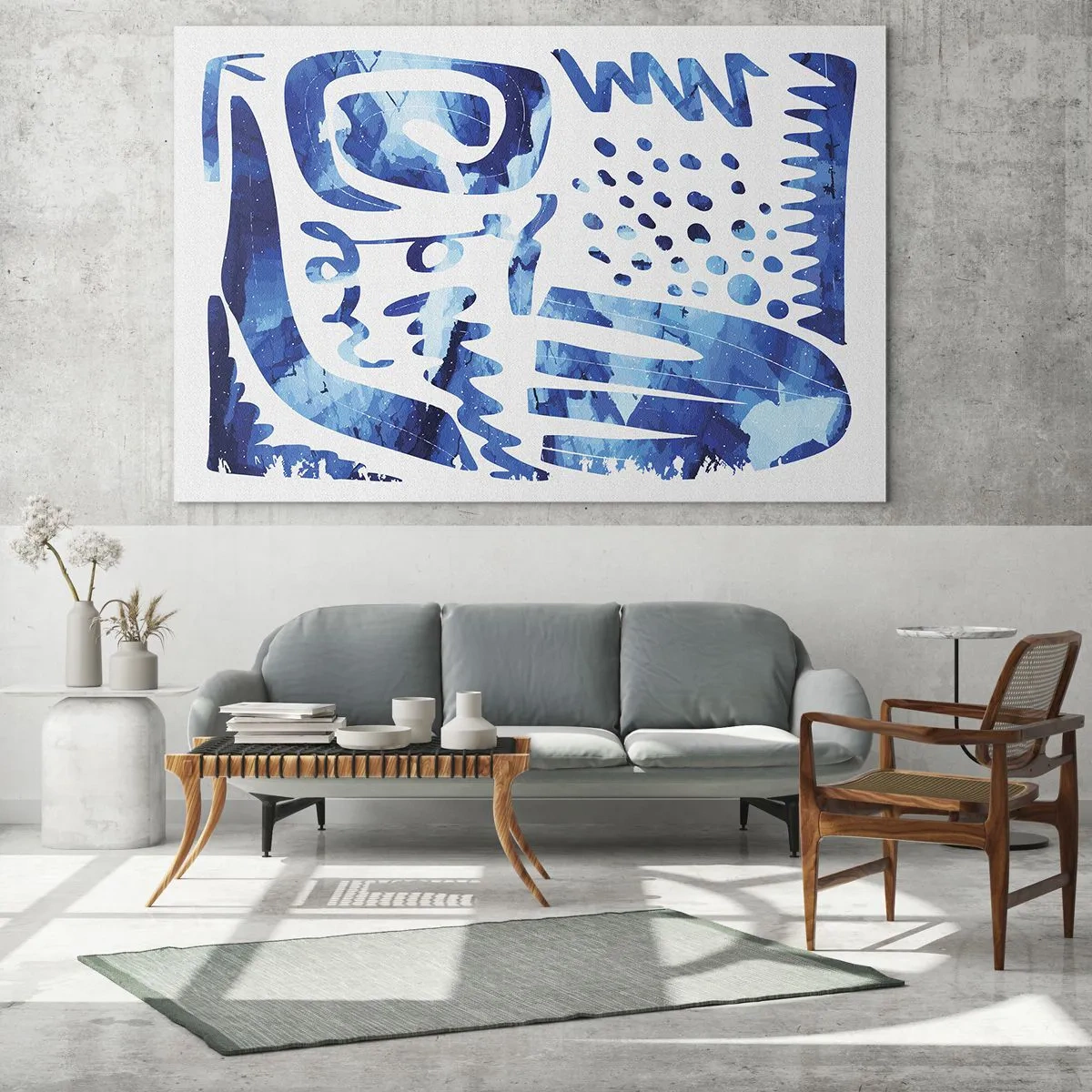 Glastavla - Bild på glas - Dynamisk blå abstraktion med geometriska former - 70x50cm - Tillbaka till rötterna - Modern väggdekoration för vardagsrum och sovrum ARTTOR