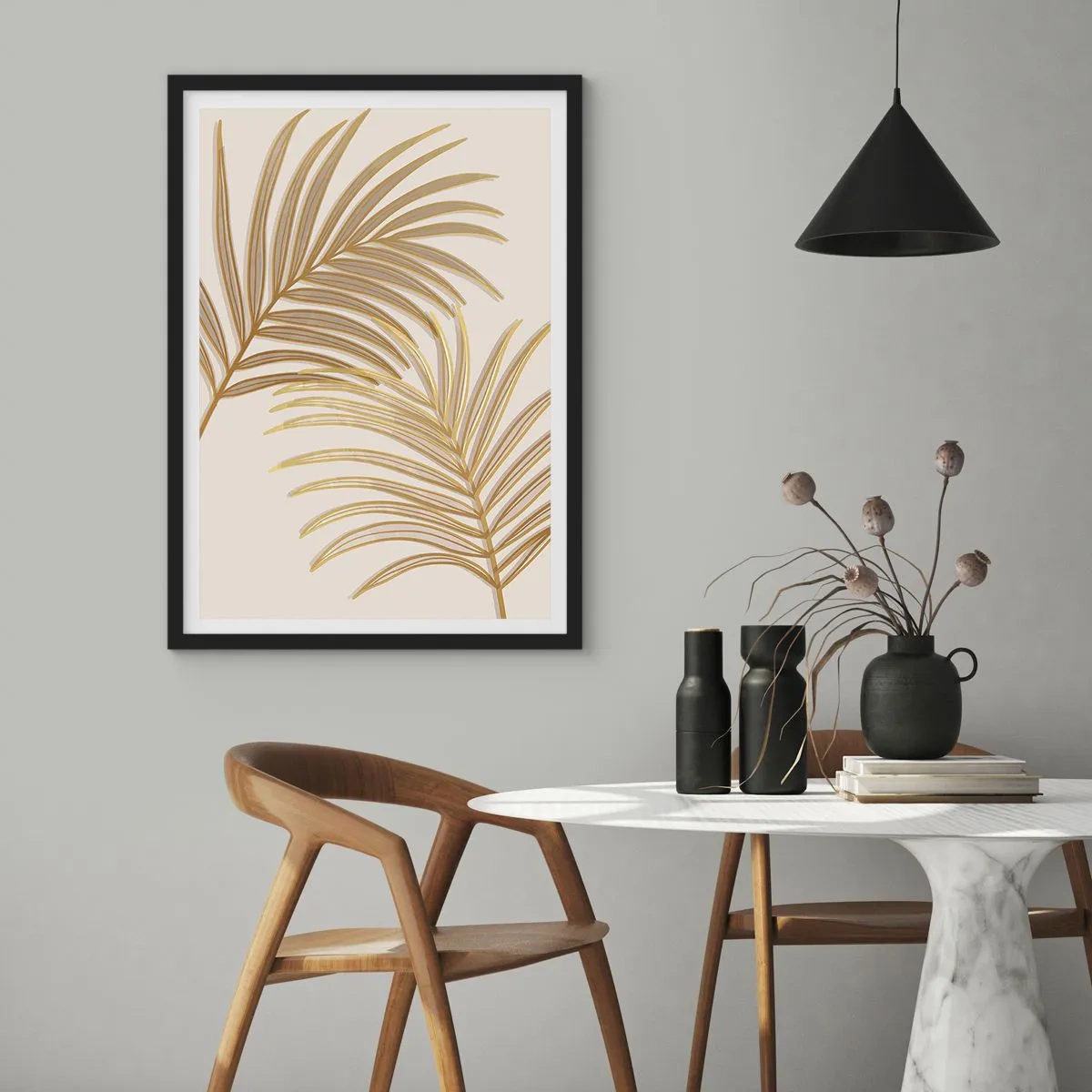 Affisch i svart ram - Gyllene palmblad i minimalistisk stil mot en ljus bakgrund - 50x70cm - Guldpalmen - Modern väggdekoration för vardagsrum och sovrum ARTTOR