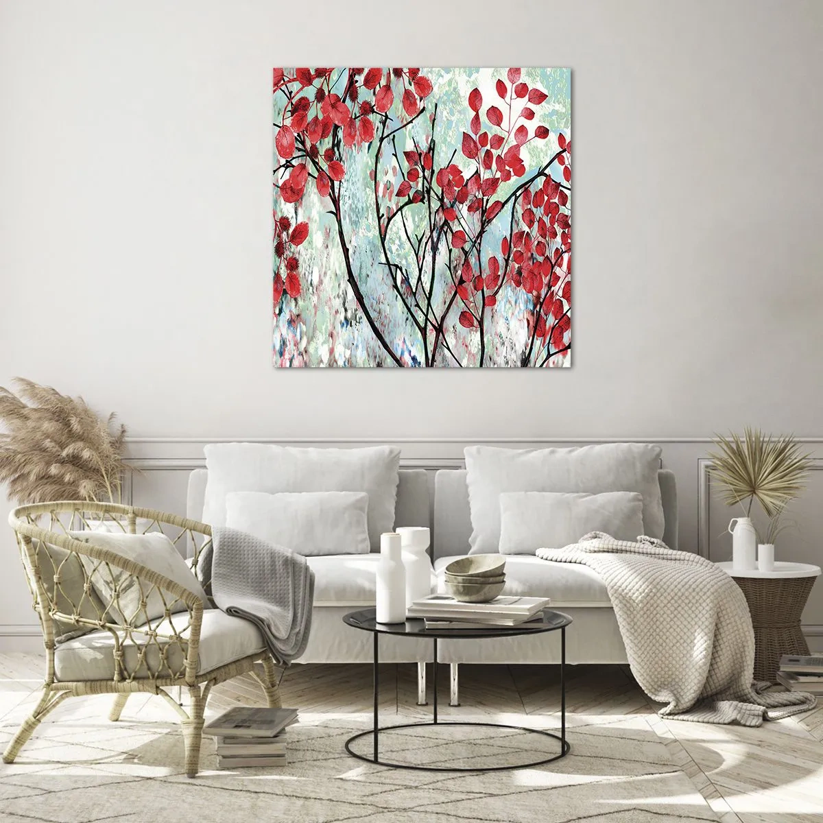 Glastavla - Bild på glas - Träd i scharlakansröd - 70x70 cm