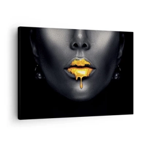 Canvastavla - Bild på duk - Svart och guld porträtt av en kvinna med en droppe guld på läpparna - 70x50cm - Guldmun - Modern väggdekoration för vardagsrum och sovrum ARTTOR