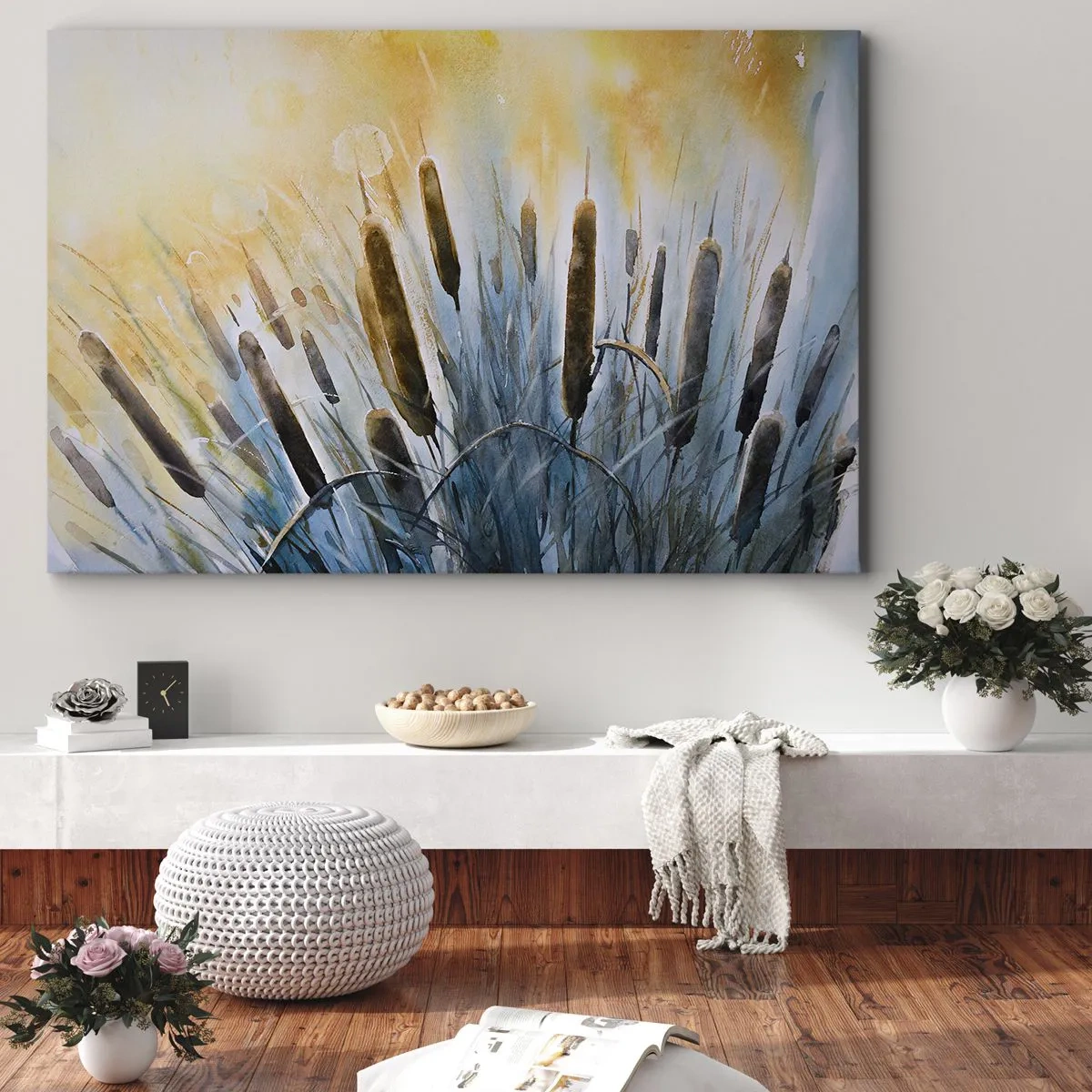 Canvastavla - Bild på duk - Pittoreska vass i solens strålar - 70x50cm - Vattnets kyla, solens hetta - Modern väggdekoration för vardagsrum och sovrum ARTTOR