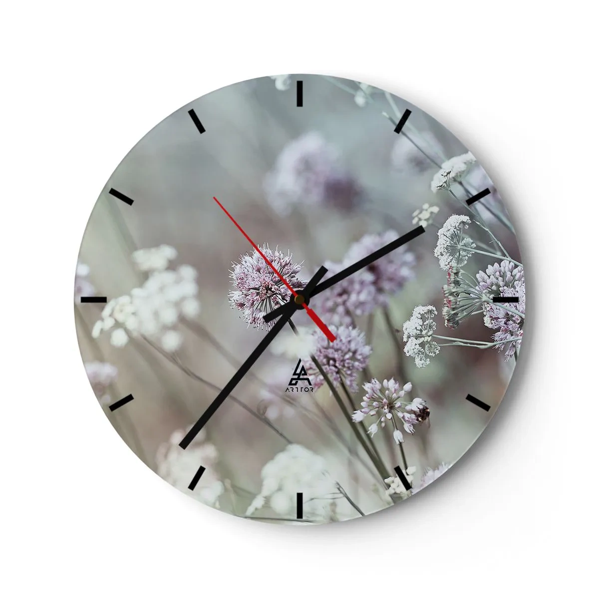 Väggklocka - Klocka på glas - Vildblommor i pastellfärger - 30x30cm - Söta örtfiligraner - Modern väggdekoration för vardagsrum, kök och sovrum ARTTOR