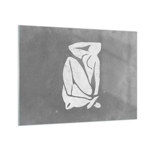 Glastavla - Bild på glas - En minimalistisk silhuett av en kvinna mot en grå bakgrund - 70x50cm - I drömmarnas värld - Modern väggdekoration för vardagsrum och sovrum ARTTOR