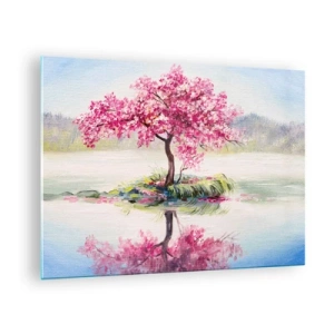 Glastavla - Bild på glas - Ett rosa träd på en ö som speglas i det lugna vattnet - 70x50cm - Vårens högtid - Modern väggdekoration för vardagsrum och sovrum ARTTOR