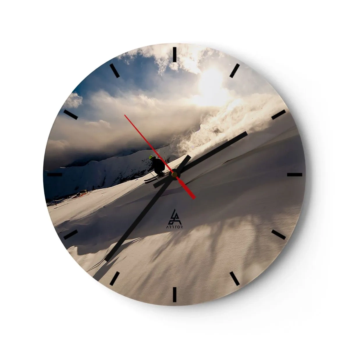 Väggklocka - Klocka på glas - En skidåkare på en snöig backe i solskenet - 30x30cm - Fjällutmaningen accepterad - Modern väggdekoration för vardagsrum, kök och sovrum ARTTOR