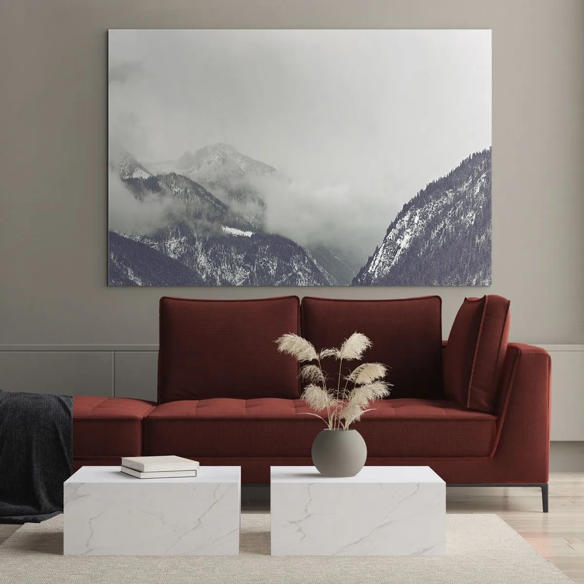 Glastavla - Bild på glas - En bergsdal i dimman i grå nyanser - 70x50cm - Dimmig dal - Modern väggdekoration för vardagsrum och sovrum ARTTOR