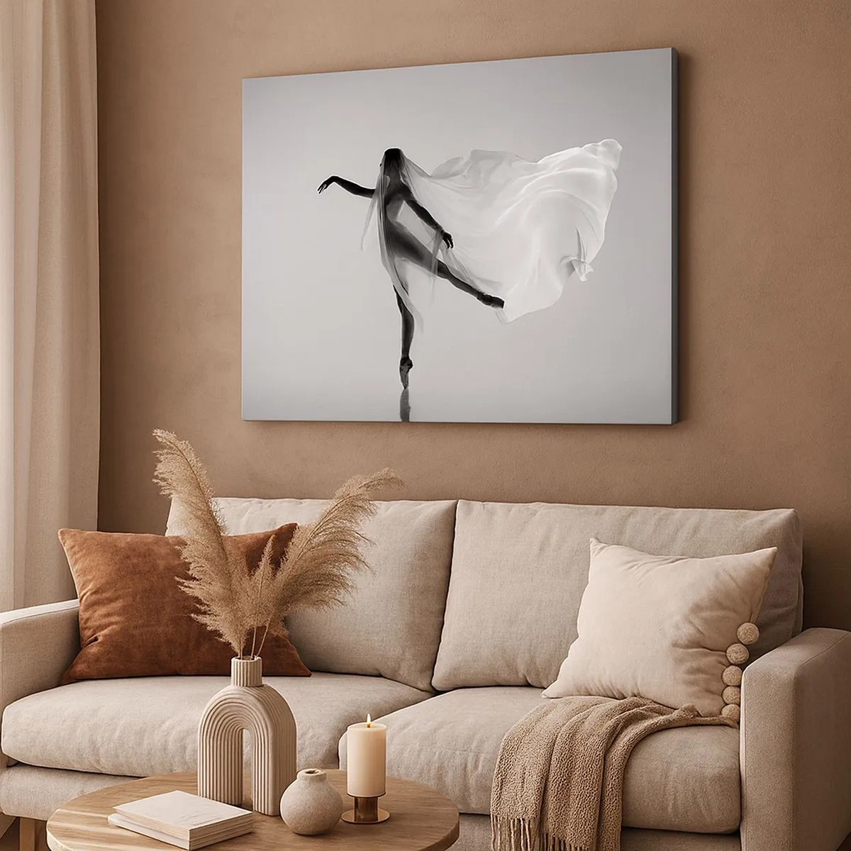 Canvastavla - Bild på duk - En dansare i en eterisk pose med böljande tyg - 70x50cm - Lätthet och grace - Modern väggdekoration för vardagsrum och sovrum ARTTOR