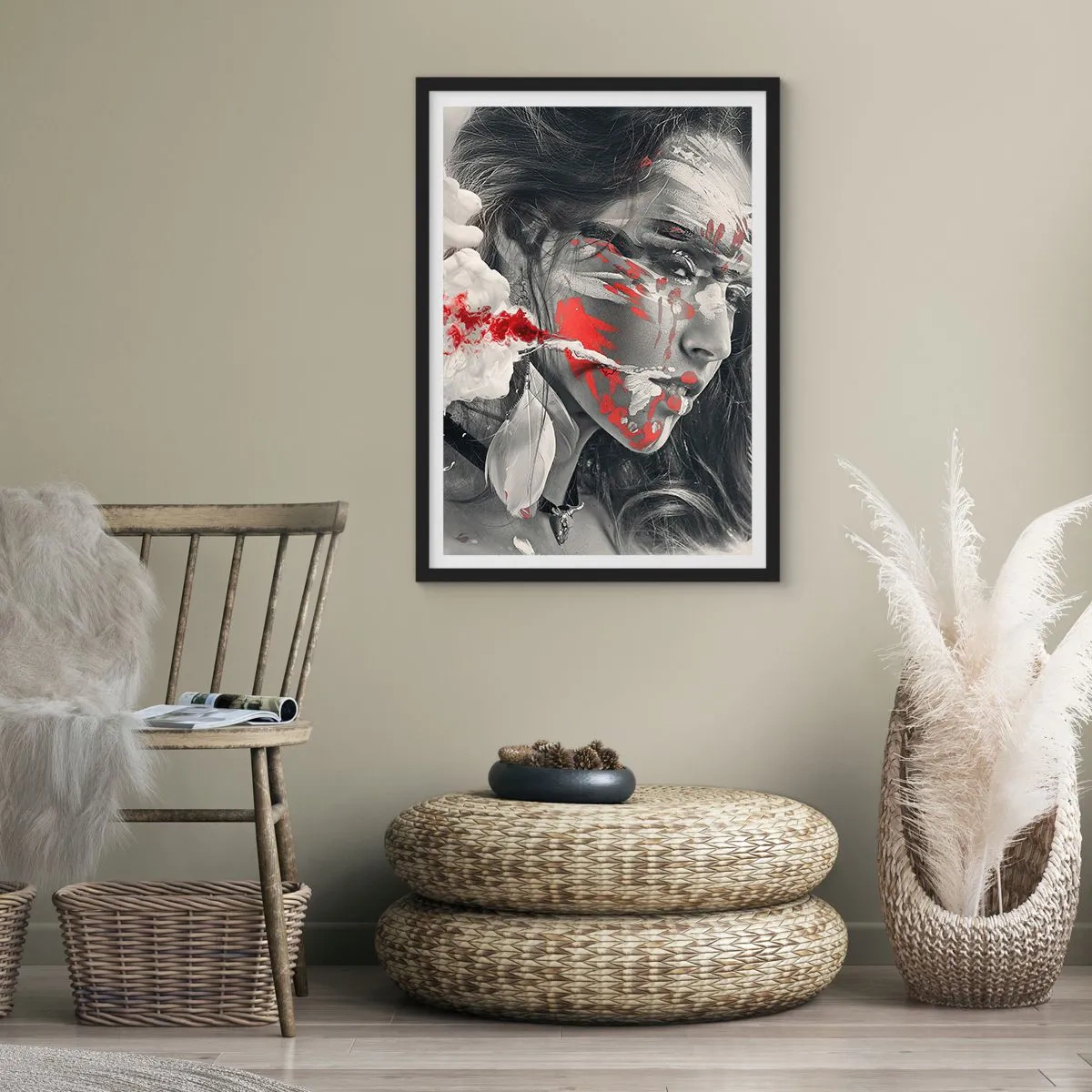 Affisch i svart ram - Konstnärligt porträtt med röd accent - 50x70cm - Röd-vit absurdhet - Modern väggdekoration för vardagsrum och sovrum ARTTOR